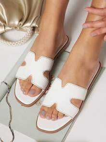 SHUZIA Women Shoes Minimalist Open Toe Thin Flat Bottom Everyday Basic Slip-On Slippers PU White Sliders