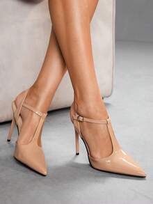 CUCCOO SZL Giày cao gót nữ màu đỏ tía có khóa trang trí - Màu be - Xem 3