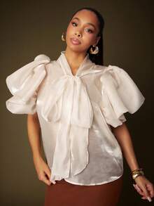 Vixey Sheer Organza Neck Bow Tie Pointed Collar Top - Apricot - View 1