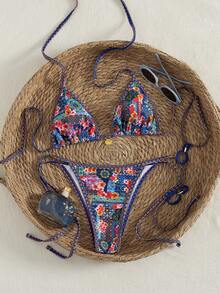 Swim Vcay Women Navy Floral & Geometric Print Halter Neck Bikini Set With Gold Accent, Romantic Vacation Beach Swimsuit - Multicolor - View 5