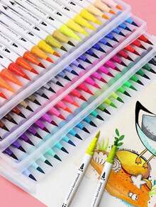 Dual Tip Brush Marker, Fine & Soft Double Tip Art Markers For Adult Kids Coloring Hand Lettering Writing Planner Journal Note Calligraphy Drawing Art Craft School Supplied Back To School - Multicolor - - View 1