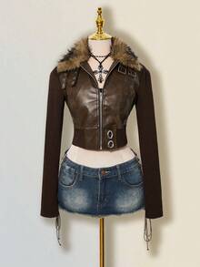 SHEIN ICON Damjacka med tryckknappar och PU-mönster och fuskpäls - Brun - Visa 4