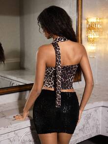 Eryvara Áo quây xếp ly họa tiết da báo kèm khăn quàng cổ - Nhiều màu - Xem 2