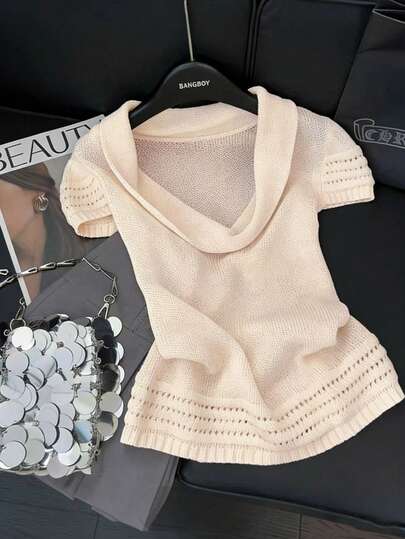 GlowEve Elegant French Style Scoop Neck Hollow Out Design Fitted Casual/Work Wear Short Sleeve Sweater, Women Spring/Summer