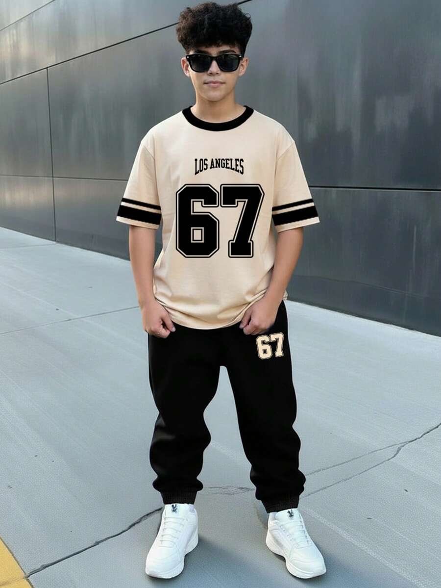 Tween Boy Casual Minimalist Y2K Style English Letter & Number 67, 6&7 Sports Retro American Colorblock Loose Comfortable Fashion Crew Neck Short Sleeve T-Shirt And Pants Set - Multicolor - View 1