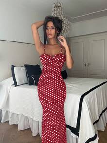 Ronhire 春夏女款黑白圆点性感露背细肩带连衣裙 - 紅色 - 查看 6