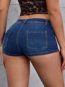 SHEIN Tall Women's Low Waist Pocket Skinny Sexy Versatile Denim Shorts - Medium Wash - View 2