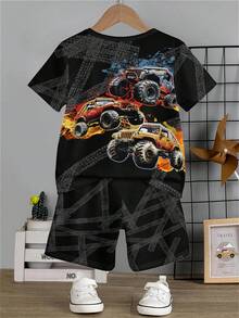 SHEIN Leap Crew 賽車，賽道和年輕男孩休閒簡約汽車圖案短袖和短褲套裝適合夏季。 - 彩色 - 查看 3