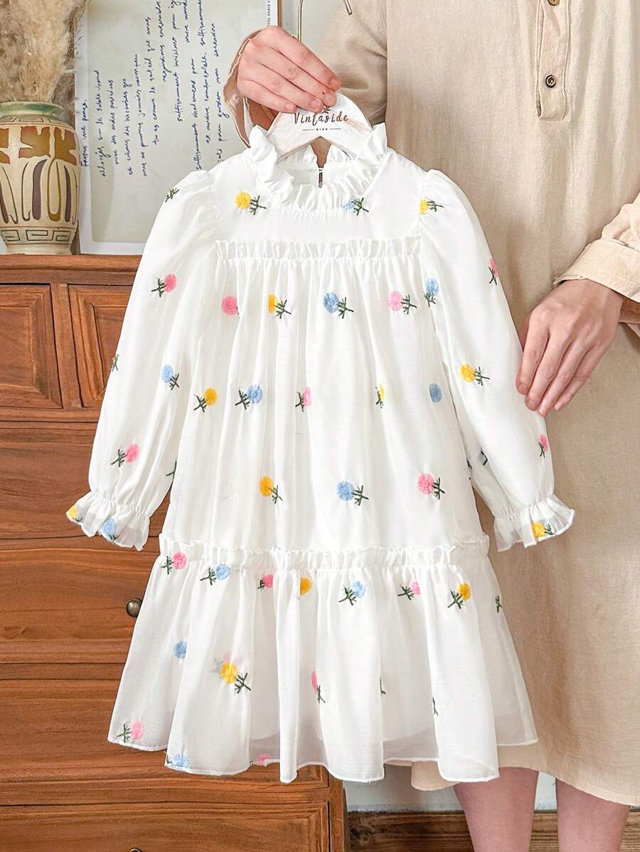SHEIN Vintaside Kids Đầm công chúa dáng rộng thanh lịch cho bé gái, cổ áo xếp ly, tay phồng, thêu jacquard, hai lớp xếp ly ở gấu đầm, thích hợp cho kỳ nghỉ, du lịch, dự tiệc, làm quà tặng, mùa xuân/thu. - trắng - Xem 1