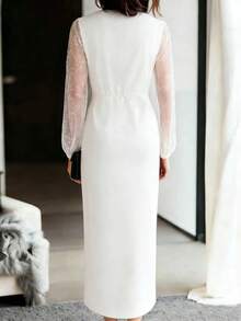 Balvessa 女士修身腰部拼接网纱箔面短裙 - 白色 - 查看 2