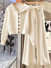INAWLY Bộ 2 món áo nỉ và quần dài cài nút phía trước màu trơn thường ngày dành cho nữ, Thu/Đông - Màu be - Xem 4