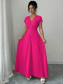 SHEIN Elenzya Vestido elegante de cuello en V con cintura recogida y línea A para mujeres, hecho de tela refinada - Rosa Fucsia - Ver 4