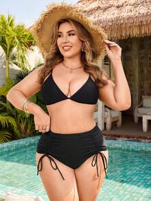 Swim Lushoire Plus Size Women's Solid Color Drawstring Sexy Vacation Party Bikini Bottom - Black - View 7