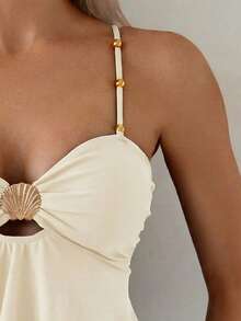 Swim Chiccia 女士两件套优雅度假贝壳金属串珠吊带泳衣套装，沙滩装 - 杏色 - 查看 3