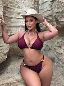 Swim SXY 大码女士露背闪亮纯色螺旋装饰吊带泳衣套装