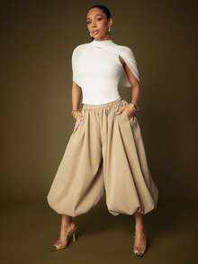 Vixey Quần ống rộng cạp cao dệt màu đỏ tía - Lạc đà - Xem 4