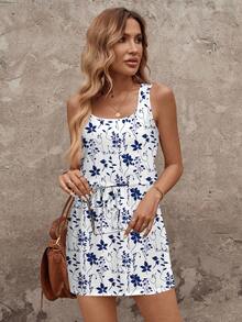 EMERY ROSE Women's Casual Blue & White Leaf Print Retro Mini Dress, Suitable For Spring/Summer - Multicolor - View 5