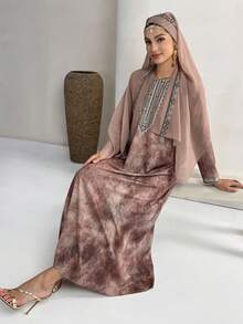 Al Najma Women's All-Over Print Long Sleeve Turkish Kaftan & Arabic Traditional Maxi Dress - Brown - View 3