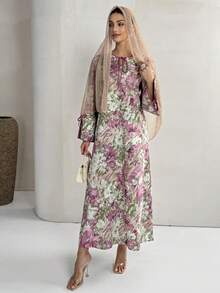 Yasmyna 女士印花系带领口开衩袖休闲派对阿拉伯风格连衣裙 - 彩色 - 查看 2