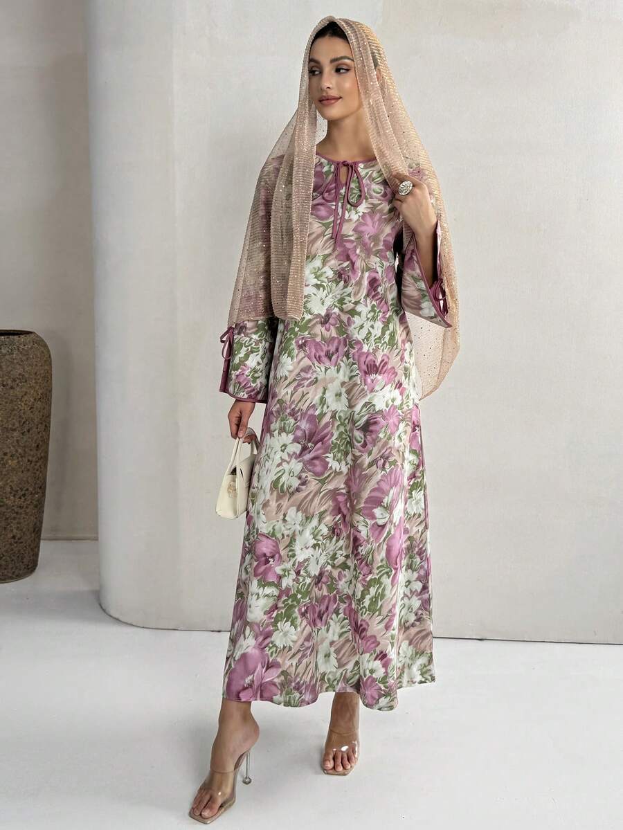 Yasmyna 女士印花系带领口开衩袖休闲派对阿拉伯风格连衣裙 - 彩色 - 查看 1