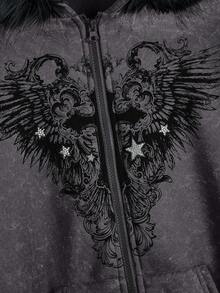 ROMWE Fairycore 大码女式交叉印花落肩长袖拉链连帽做旧卫衣 - 棕色 - 查看 2