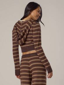 MUSERA 条纹针织短款拉链连帽上衣，春季少女风，日常穿搭，可爱休闲，甜豌豆春季款 - 彩色 - 查看 4