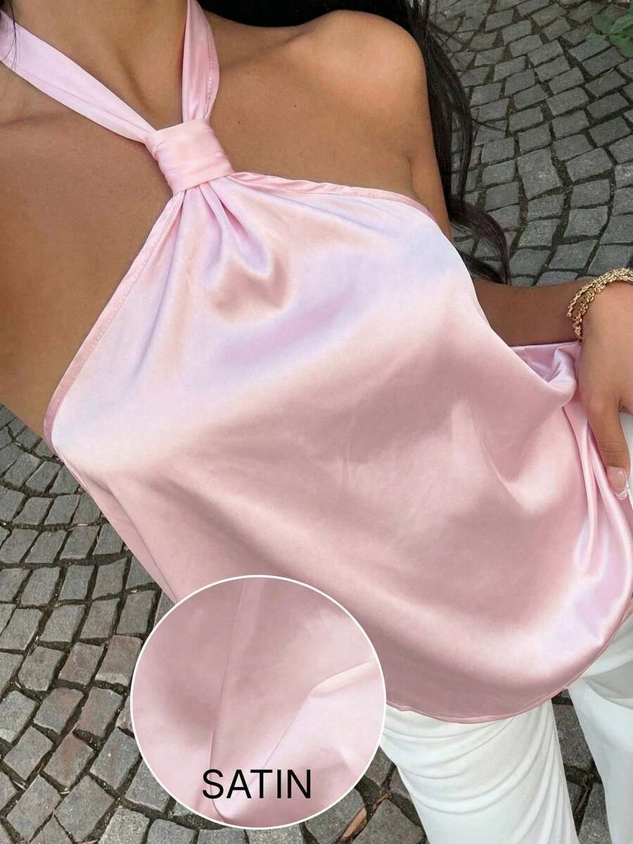 MainGRL Women's Satin Halter Neck Sleeveless Loose Elegant Blouse