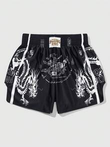 ROMWE MEN Prep Men's Letter & Dragon Goth Print Elastic Waist Loose Boxing Shorts, Halloween