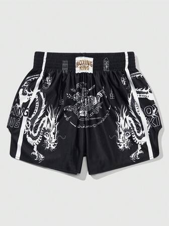 Prep Men's Letter & Dragon Goth Print Elastic Waist Loose Boxing Shorts, Halloween