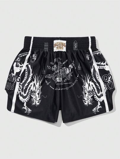 Prep Men's Letter & Dragon Goth Print Elastic Waist Loose Boxing Shorts, Halloween