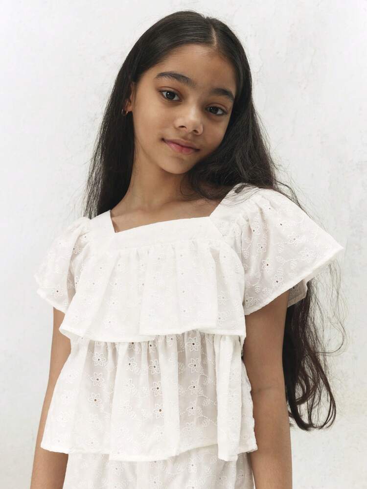 Eyelet Ruffle Top And Wide Leg Pants Set