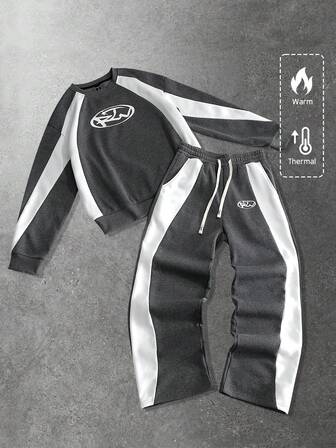 Set felpa con cappuccio unisex con stampa logo e patchwork, stile casual americano da strada per autunno/inverno