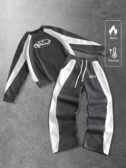 Set felpa con cappuccio unisex con stampa logo e patchwork, stile casual americano da strada per autunno/inverno