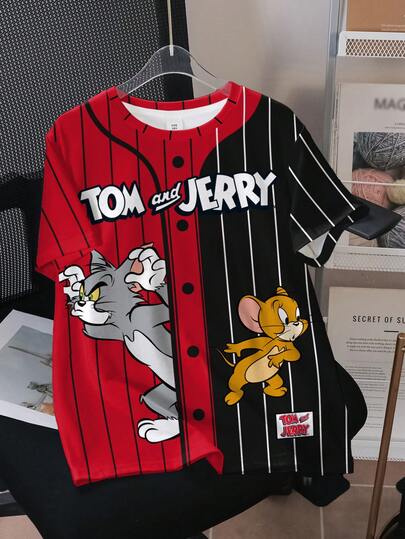 TOM & JERRY X SHEIN 青少年男童条纹卡通图案撞色圆领短袖T恤