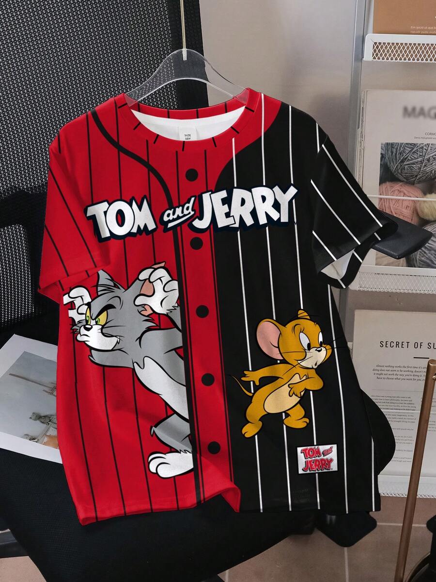 TOM & JERRY X SHEIN Tween Boy Striped & Cartoon Graphic Color Block Round Neck Short Sleeve T-Shirt - White - View 1