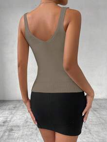 EMERY ROSE Women's Elegant Rhinestone Embellished White Camisole Knit Top Sparkle Top Rhinestone Top Bling Top - Camel - View 2