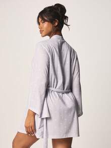 MISSGUIDED Lavender Pointelle Print Short Kimono Robe With Belt Long Sleeve Open Front Lightweight Sleepwear Loungewear Cover Up - Multicolor - View 2