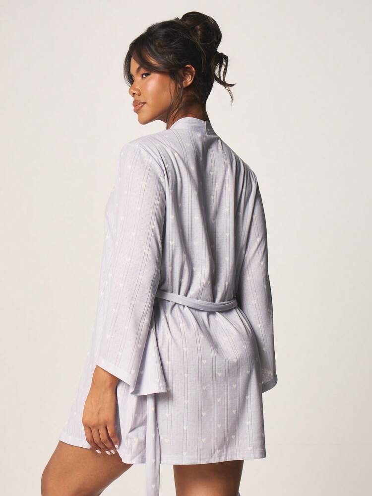 MISSGUIDED Lavender Pointelle Print Short Kimono Robe With Belt Long Sleeve Open Front Lightweight Sleepwear Loungewear Cover Up