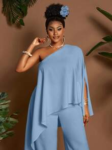 Maweii Plus Size 2 Pieces Set: Asymmetric Hem Loose Casual Vacation Top & Shorts, Yellow Fall - Blue - View 5