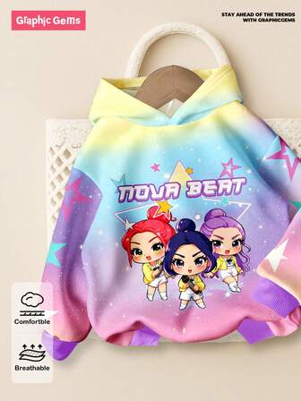1 pieza Sudadera con capucha de manga larga con estampado de tie-dye de estrella de niña de estilo casual K-POP para niñas jóvenes, sudadera cómoda y gruesa de punto para uso diario y vacaciones, adecuada para otoño/invierno
