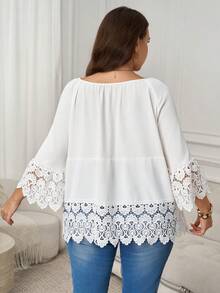SHEIN LUNE Blouse élégante à bordure en dentelle de couleur unie, respirante et confortable. Élégante pour la Saint-Valentin - Blanc - Voir 8