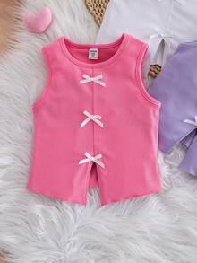 SHEIN Genkimix Kids 女童纯色蝴蝶结装饰简约吊带背心 - 彩色 - 查看 5