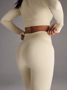 SHEIN BAE Women's Solid Color Minimalist Daily Long Sleeve Top And Pants Seamless High Stretch Sports Set - Beige - View 10