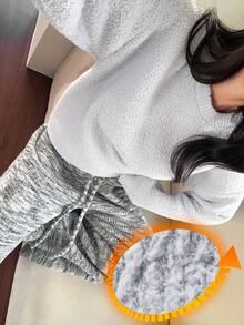 DAZY 2pcs Ink Texture Wide Leg Pants & Knit Pajama Set, Winter Home Wear