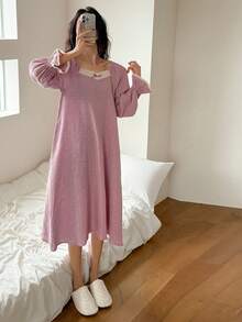 DAZY Sweet Crochet Lace Trim Polka Dot Print Chiffon Ruffle Lantern Sleeve Women Nightgown - Purple - View 6