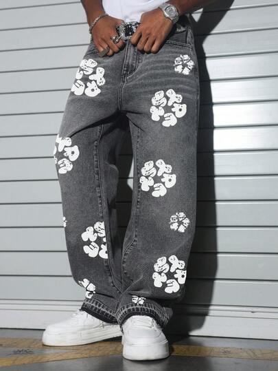 Manfinity EMRG Men's Vintage Floral Print Loose Straight Leg Washed Denim Jeans
