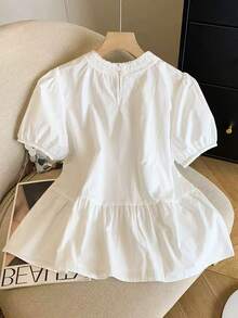 Resyla 女士优雅荷叶边蝴蝶结泡泡袖可爱衬衫 - 白色 - 查看 2