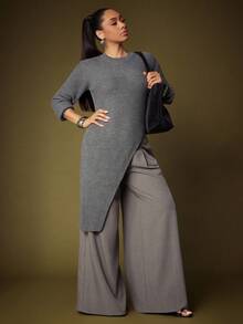 Vixey Heather Grey Round Neckline Long Sleeve Asymmetrical Hem Sweater - Dark Grey - View 2