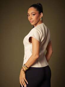 Vixey Apricot Textured Woven Tweed-Like Short Sleeve Long Line Top - Apricot - View 5