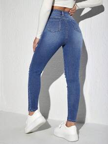 Rivivi 大码女式牛仔风蓝色弹力性感破洞修身牛仔裤，冬季穿搭 - 中等水洗藍 - 查看 2